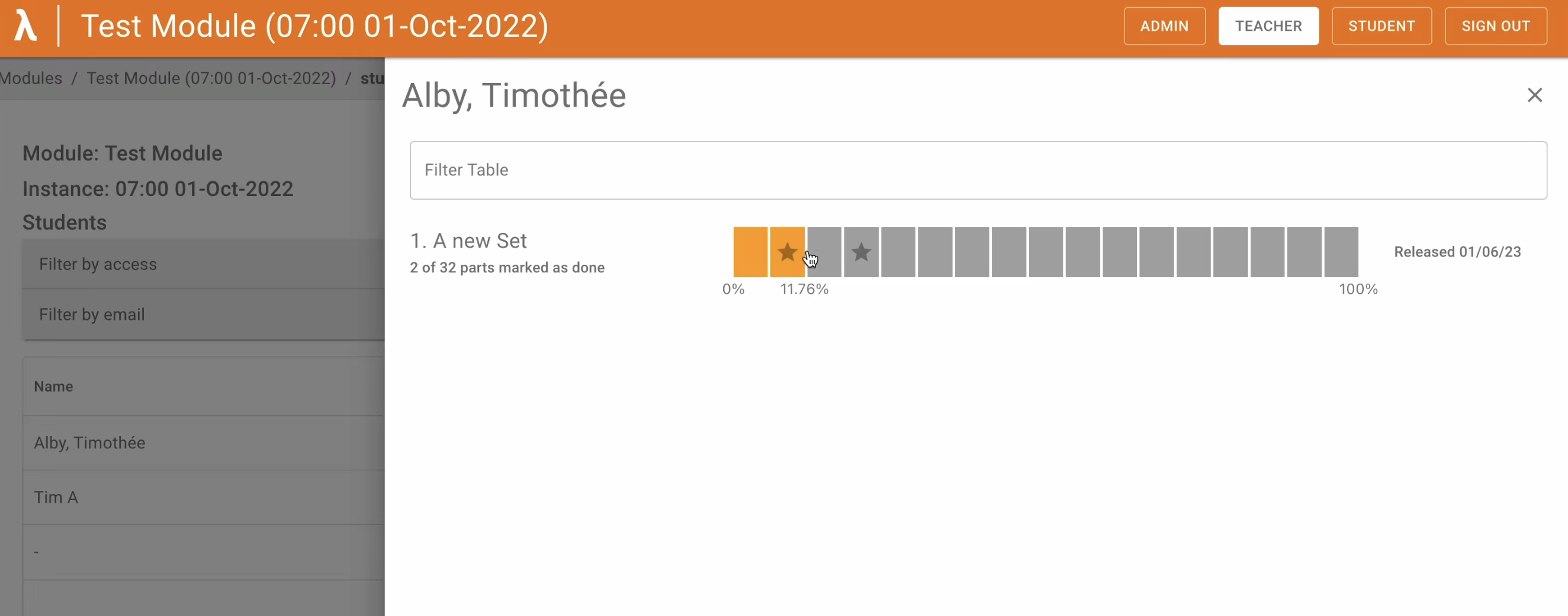 student analytics in teacher mode